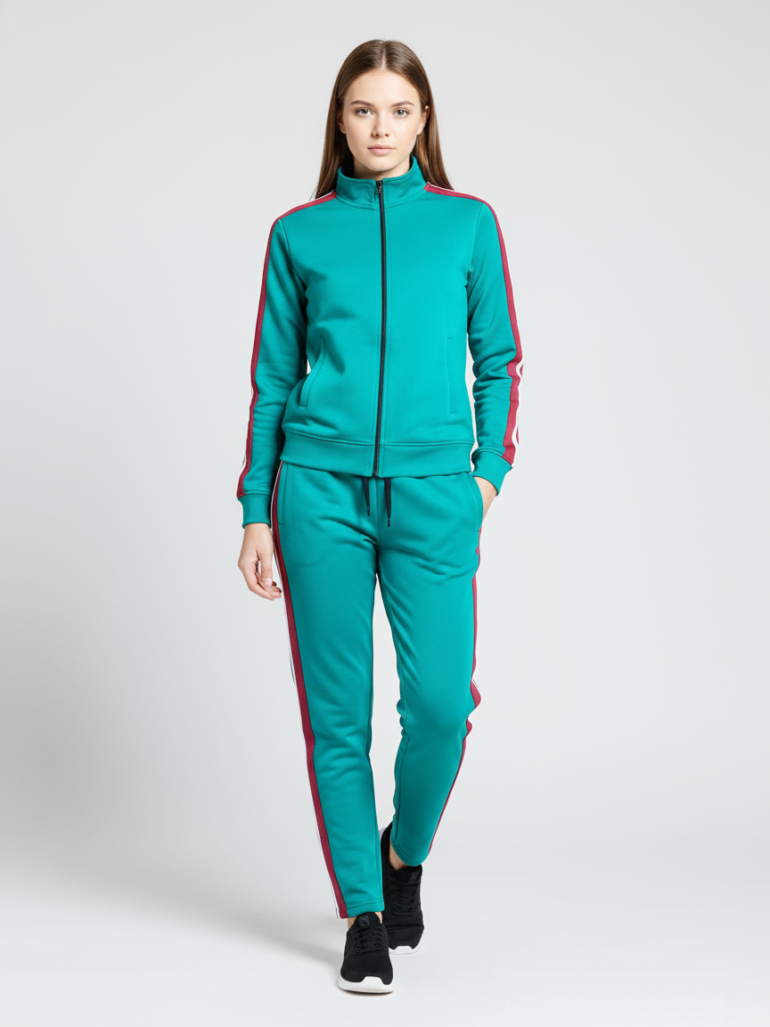 Louis Vicaci Fleece Zipper Tracksuit For Ladies-Cyan Blue With White & Red Stripes-LVTS013