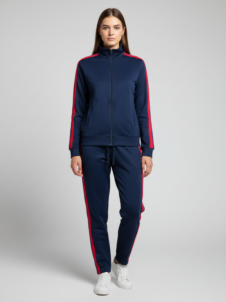 Louis Vicaci Fleece Zipper Tracksuit For Ladies- Dark Navy With Red Stripes-LVTS011