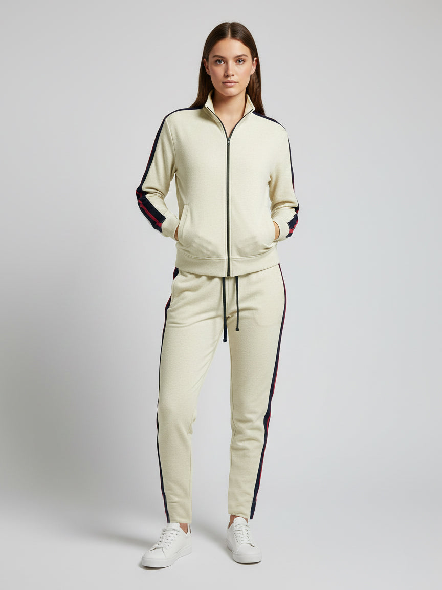 Louis Vicaci Fleece Zipper Tracksuit For Ladies-Skin With Black & Red Stripes-LVTS009