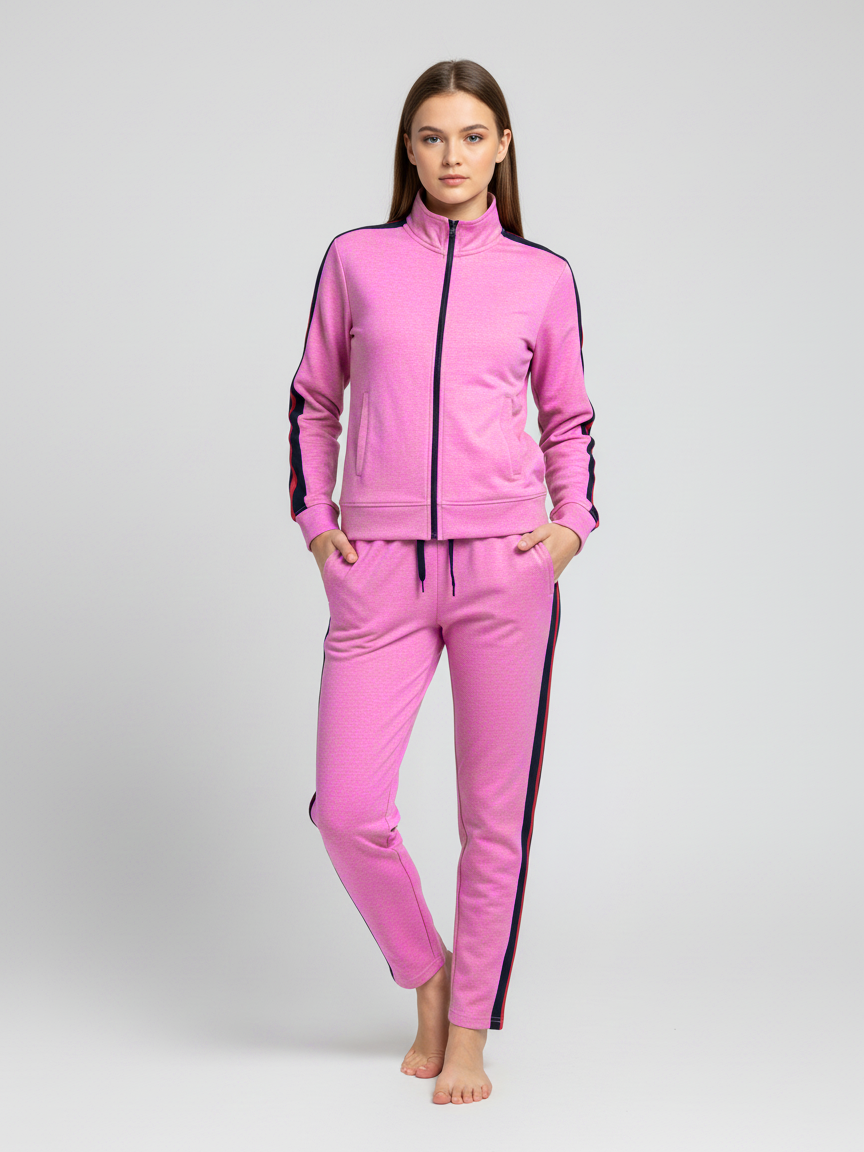 Louis Vicaci Interlock Zipper Tracksuit For Ladies-Pink  With Black & Red Stripes-LVTS012