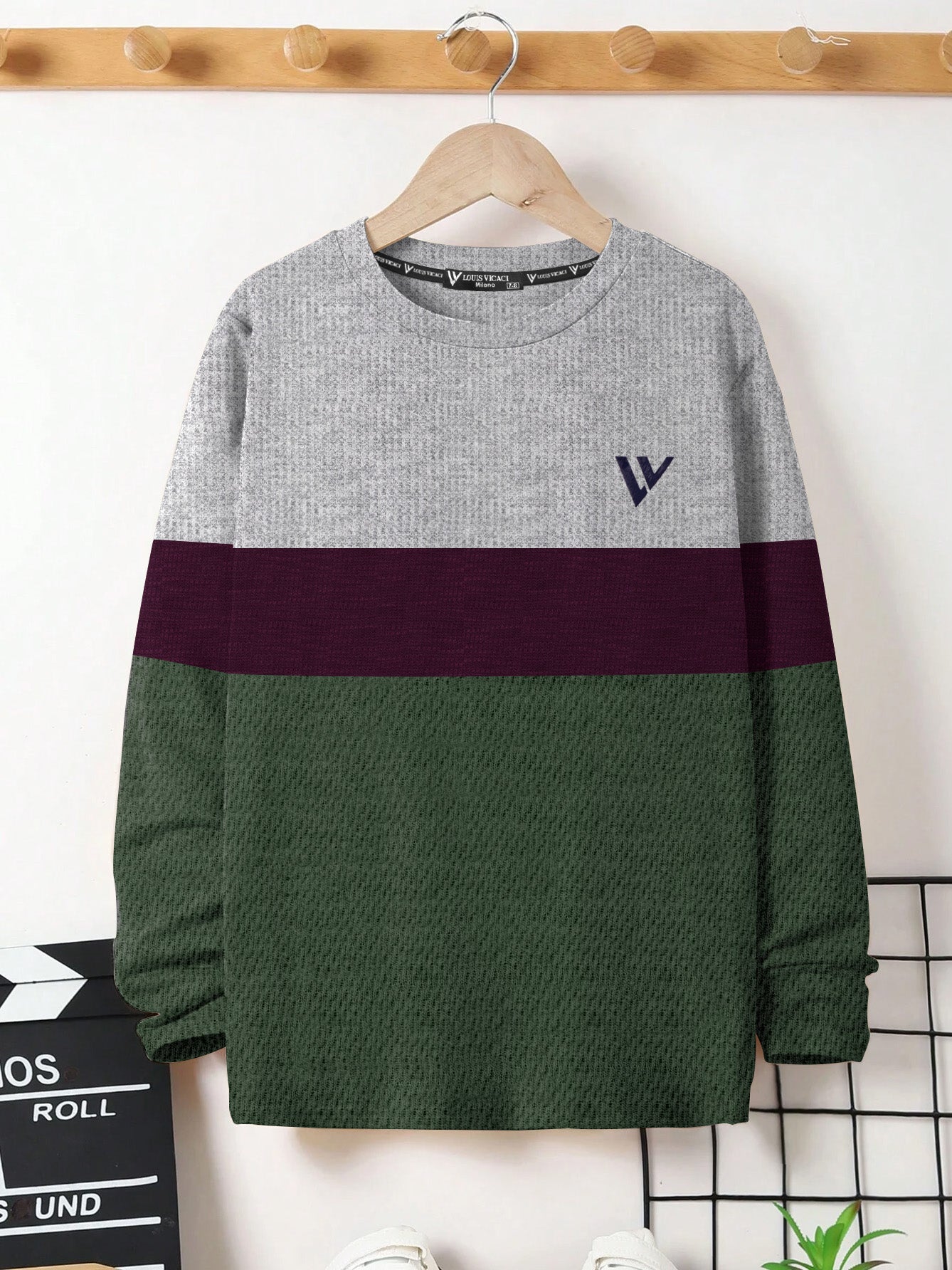 LV Crew Neck Long Sleeve Thermal Tee Shirt For Kids-Grey with Maroon & Dark Green-BE971/BR13218