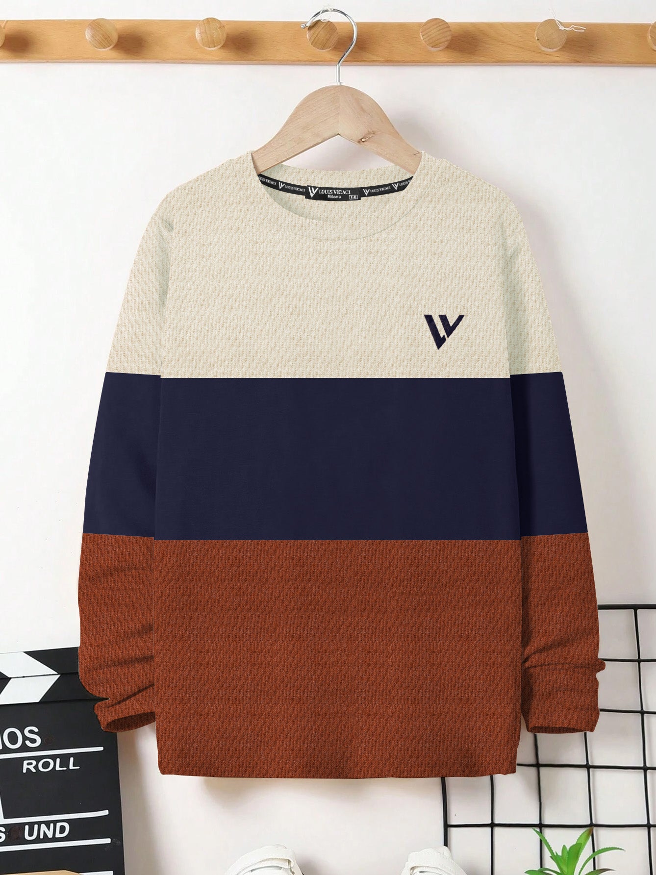 LV Crew Neck Long Sleeve Thermal Tee Shirt For Kids-Off White with Blue & Brown-BE969/BR13216