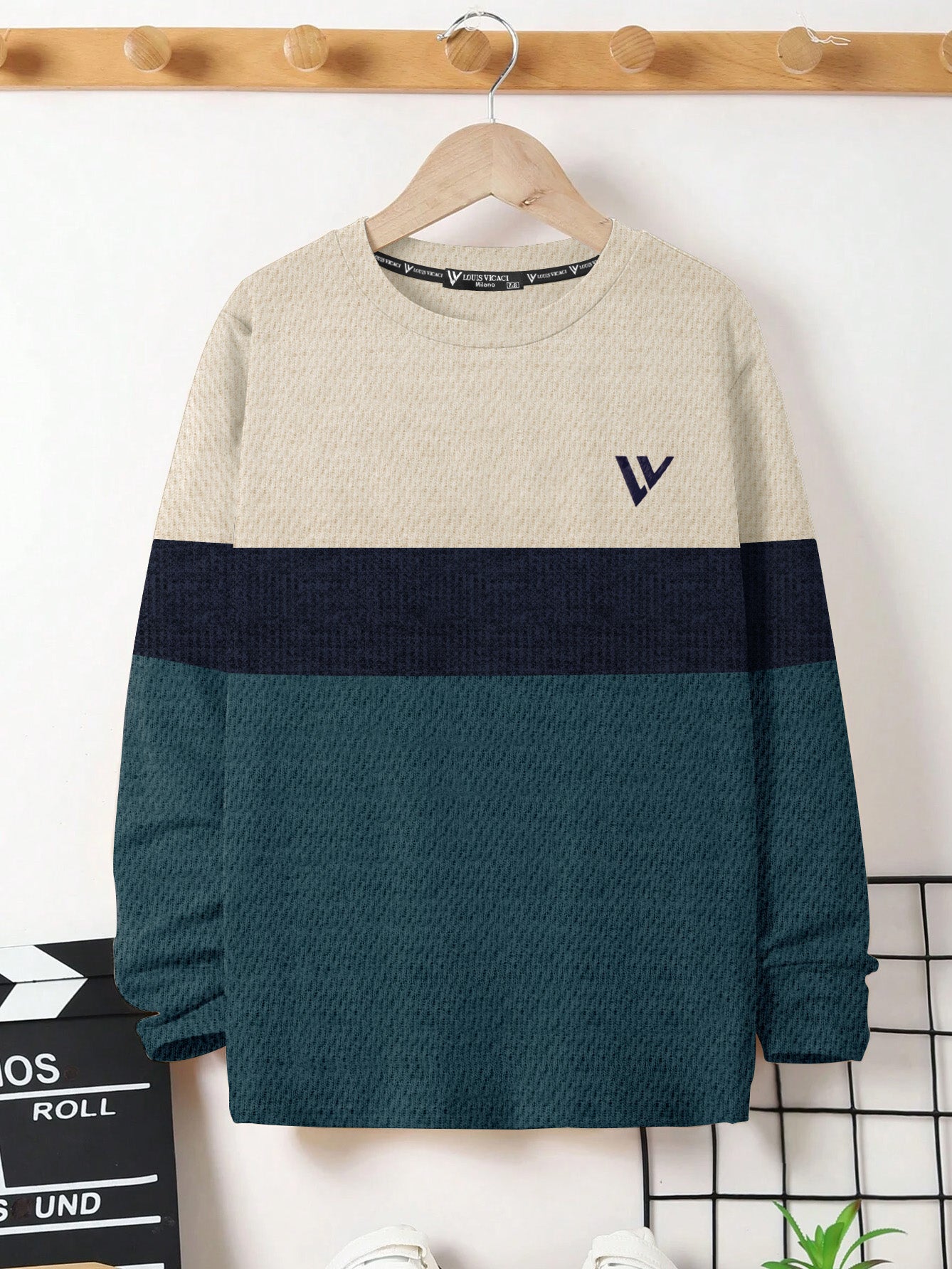 LV Crew Neck Long Sleeve Thermal Tee Shirt For Kids-Off White with Navy & Zinc-BE972/BR13219