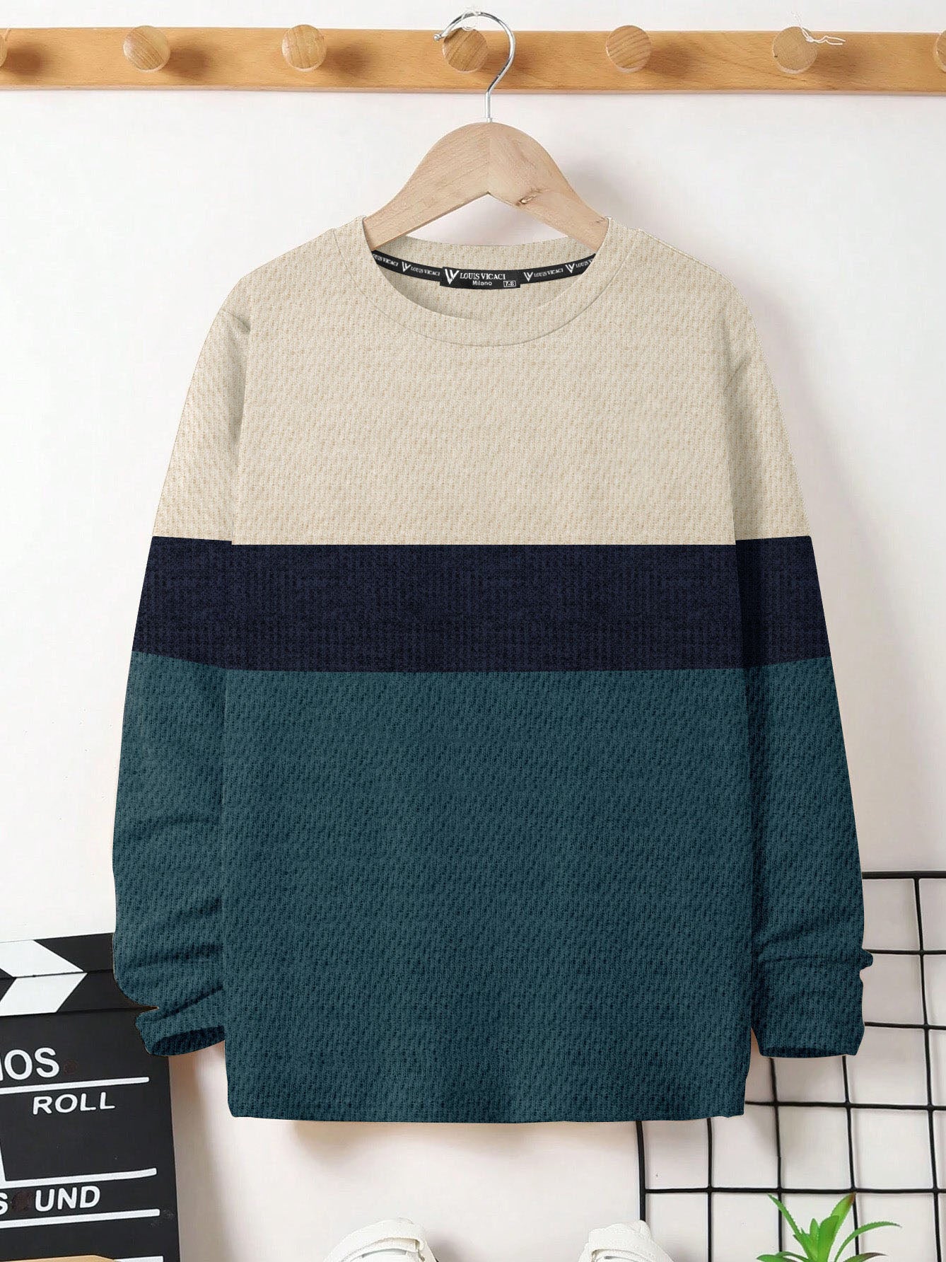 LV Crew Neck Long Sleeve Thermal Tee Shirt For Kids-Off White with Navy & Zinc-BE972/BR13219