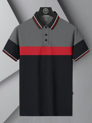 LV Summer Active Wear Polo Shirt For Men-Black with Red & Grey Panels-BE1343/BR13585