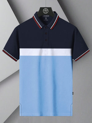 LV Summer Active Wear Polo Shirt For Men-Navy with Sky & White Stripe-BE1697/BR13912