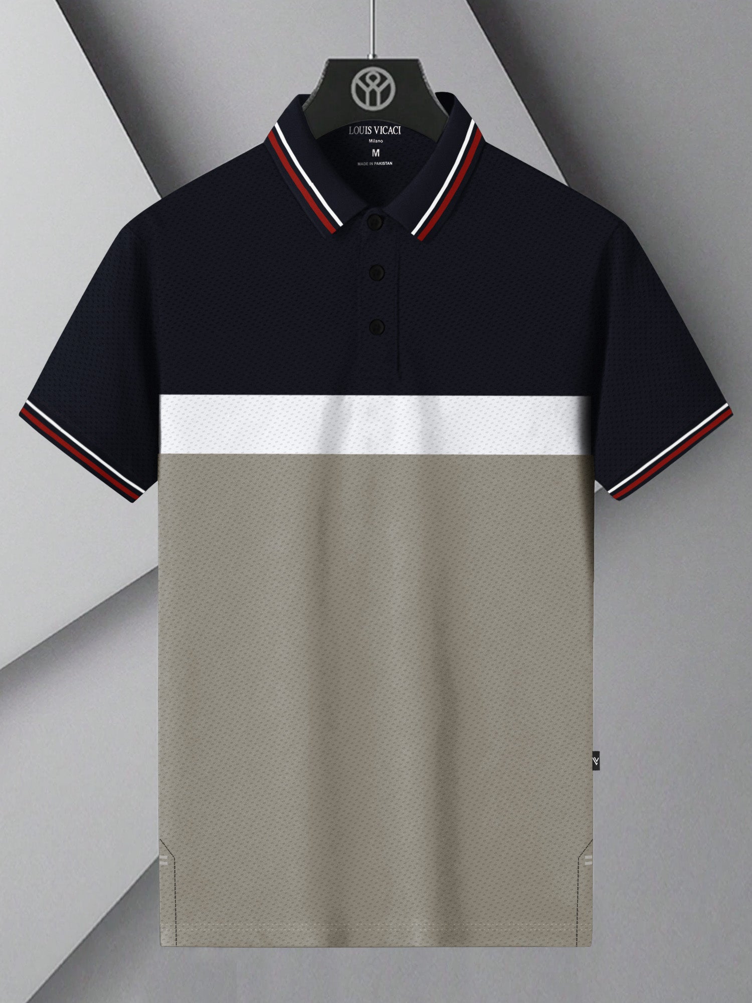 LV Summer Active Wear Polo Shirt For Men-Navy with White & Light Taupe Panels-BE1717/BR13919