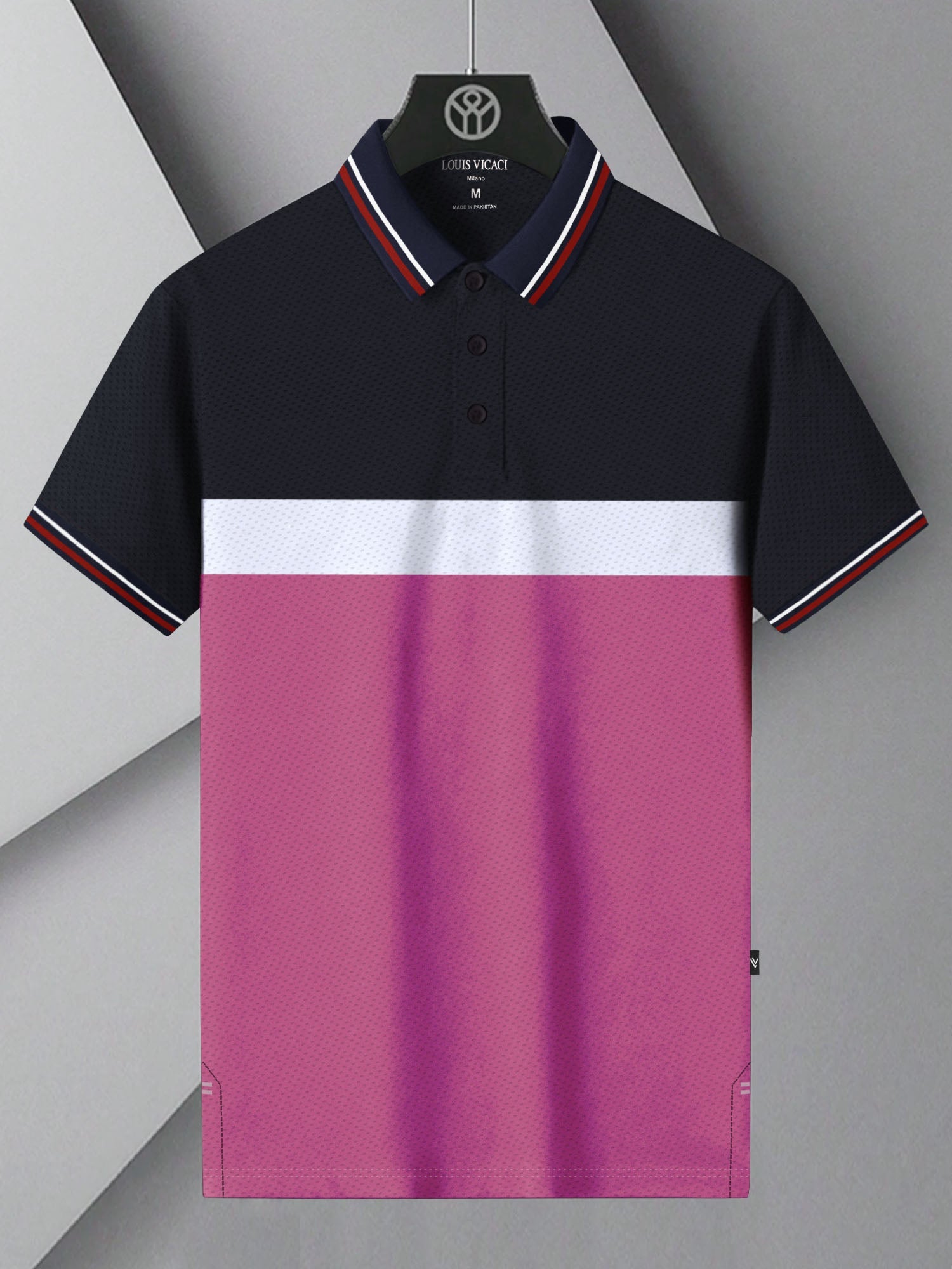 LV Summer Active Wear Polo Shirt For Men-Navy with White & Pink Panels-BE1708/BR13917