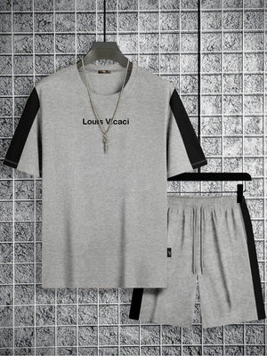 LV Summer Fashion T-Shirt & Lounge Short Suit For Men-Grey Melange with Black Stripe-BR13910