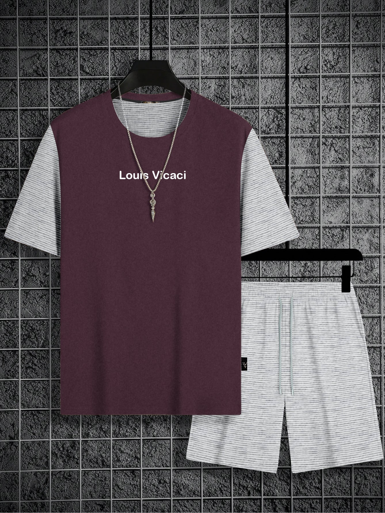 LV Summer Fashion T-Shirt & Lounge Short Suit For Men-Maroon Melange with Grey Lining-BE1571/BR13804