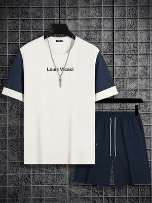 LV Summer Fashion T-Shirt & Lounge Short Suit For Men-Off White with Navy Melange-BR13893