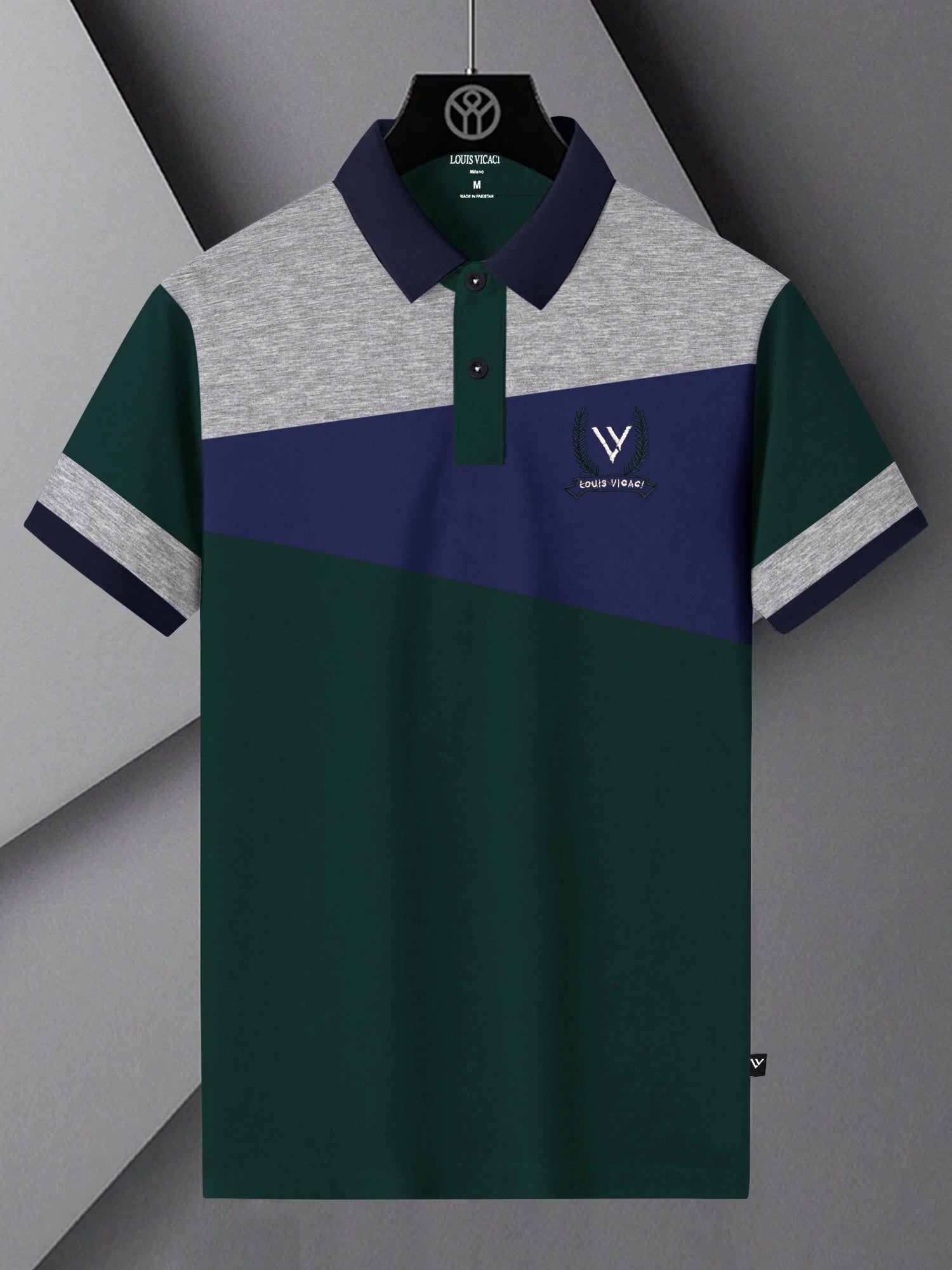 LV Summer Polo Shirt For Men-Dark Green with Blue & Grey Melange Panel-BE835/BR13072