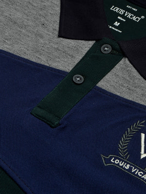 LV Summer Polo Shirt For Men-Dark Green with Blue & Grey Melange Panel-BE835/BR13072