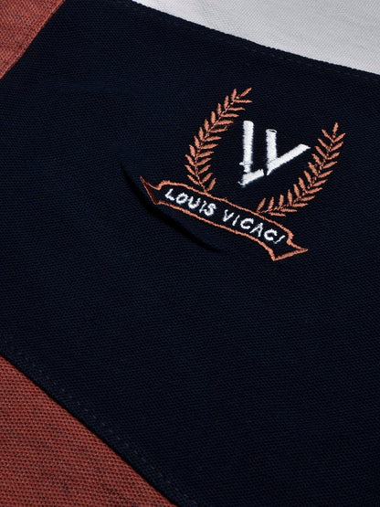 LV Summer Polo Shirt For Men-Dark Orange Melange with Navy & White Panel-BE837/BR13074