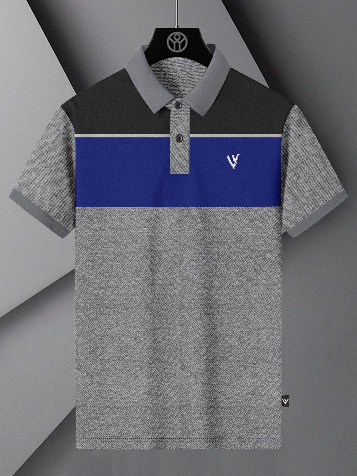 LV Summer Polo Shirt For Men-Grey Melange with Charcoal & Blue Panel-BE820/BR13060