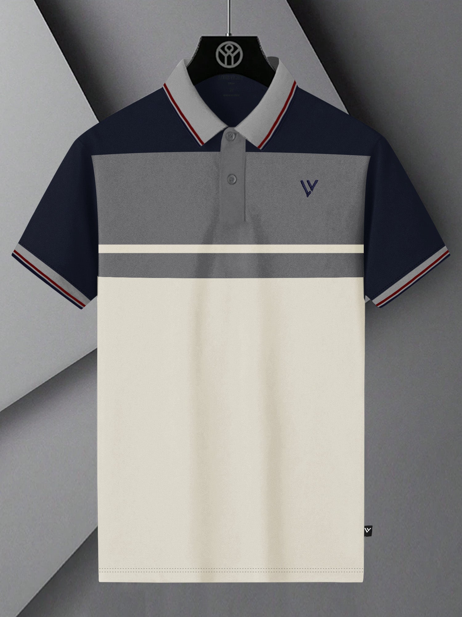 LV Summer Polo Shirt For Men-Off White with Grey & Navy Panel-BE877/BR13115