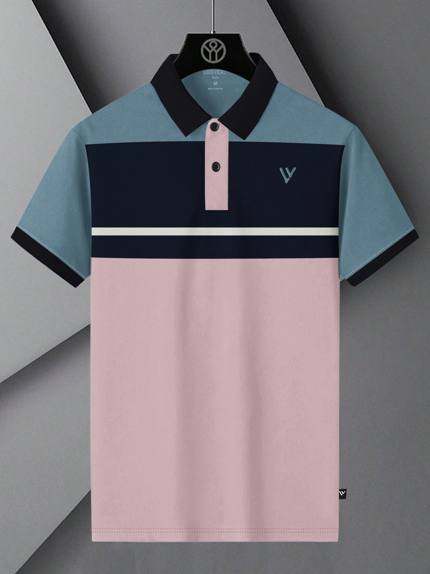 navy blue and pink polo shirt