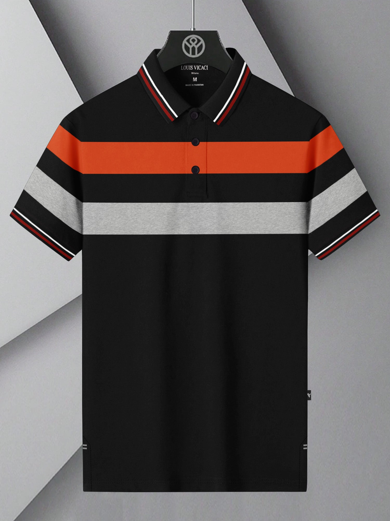 LV Summer Single Jersey Polo Shirt For Men-Black with Grey & Orange Panels-BE1747/BR13931