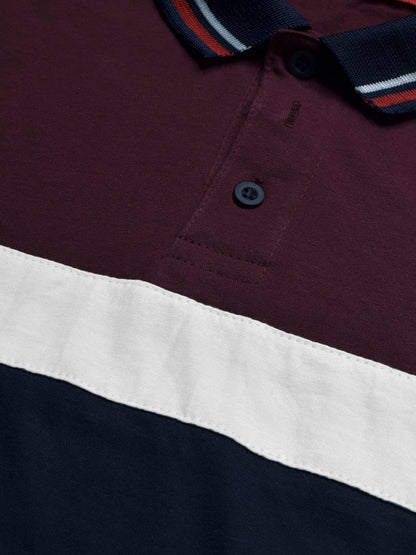 LV Summer Single Jersey Polo Shirt For Men-Maroon with White & Navy Panels-BE1836/BR14011