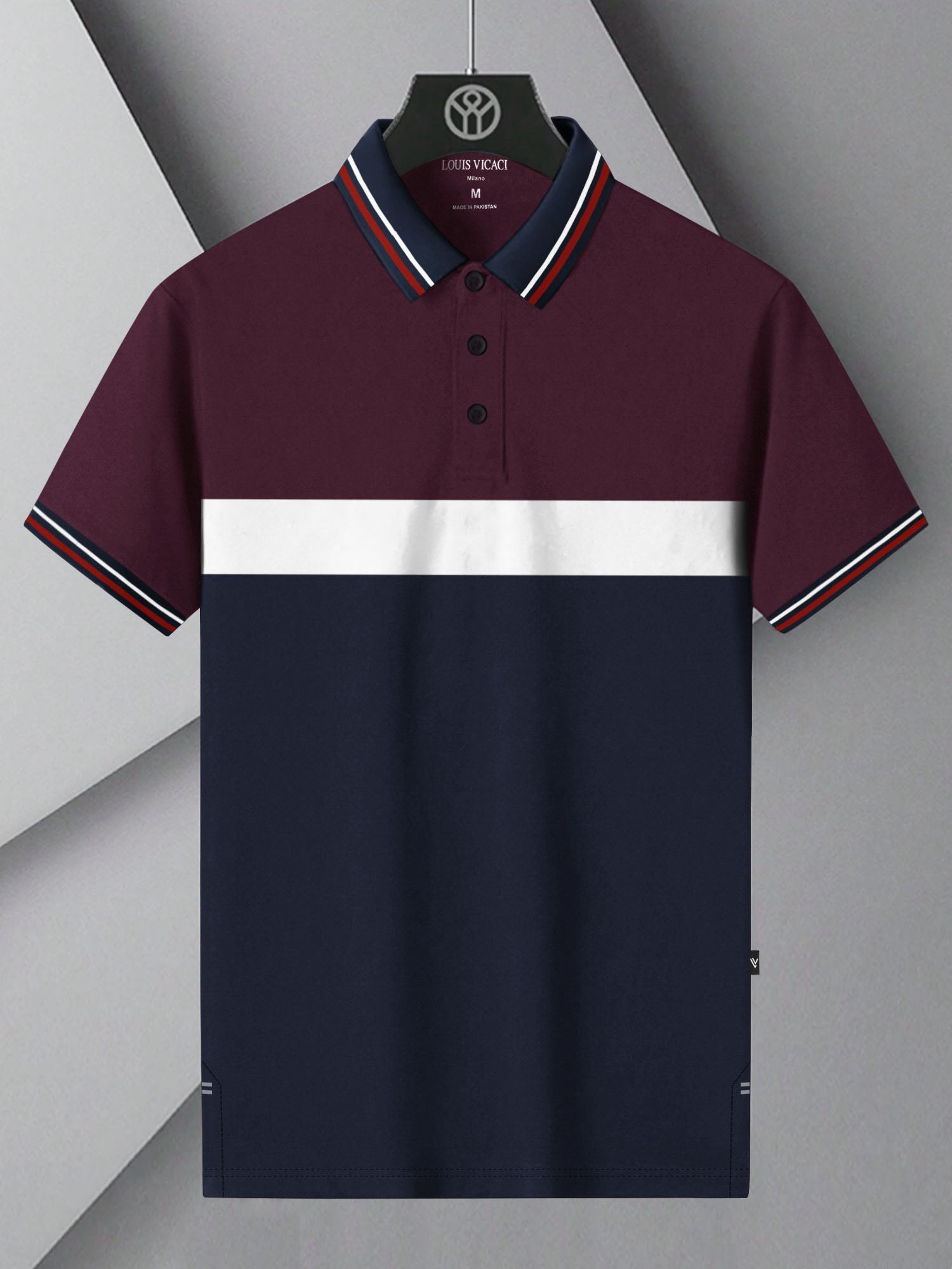 LV Summer Single Jersey Polo Shirt For Men-Maroon with White & Navy Panels-BE1836/BR14011