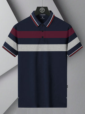 LV Summer Single Jersey Polo Shirt For Men-Navy with Grey & Maroon Panels-BE1805/BR13959