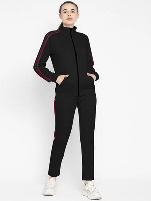 Louis Vicaci Fleece Zipper Tracksuit For Ladies-Black with Maroon Stripe-BE17283 Louis Vicaci