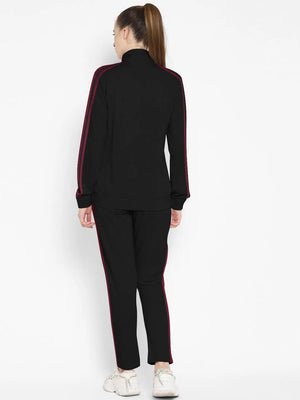 Louis Vicaci Fleece Zipper Tracksuit For Ladies-Black with Maroon Stripe-BE17283 Louis Vicaci