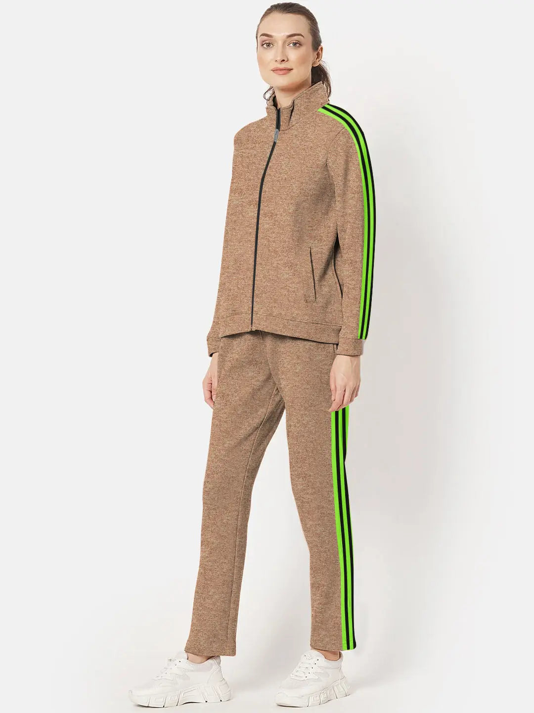 Louis Vicaci Fleece Zipper Tracksuit For Ladies-Brown Melange with Lime Green Stripe-BE17523 Louis Vicaci