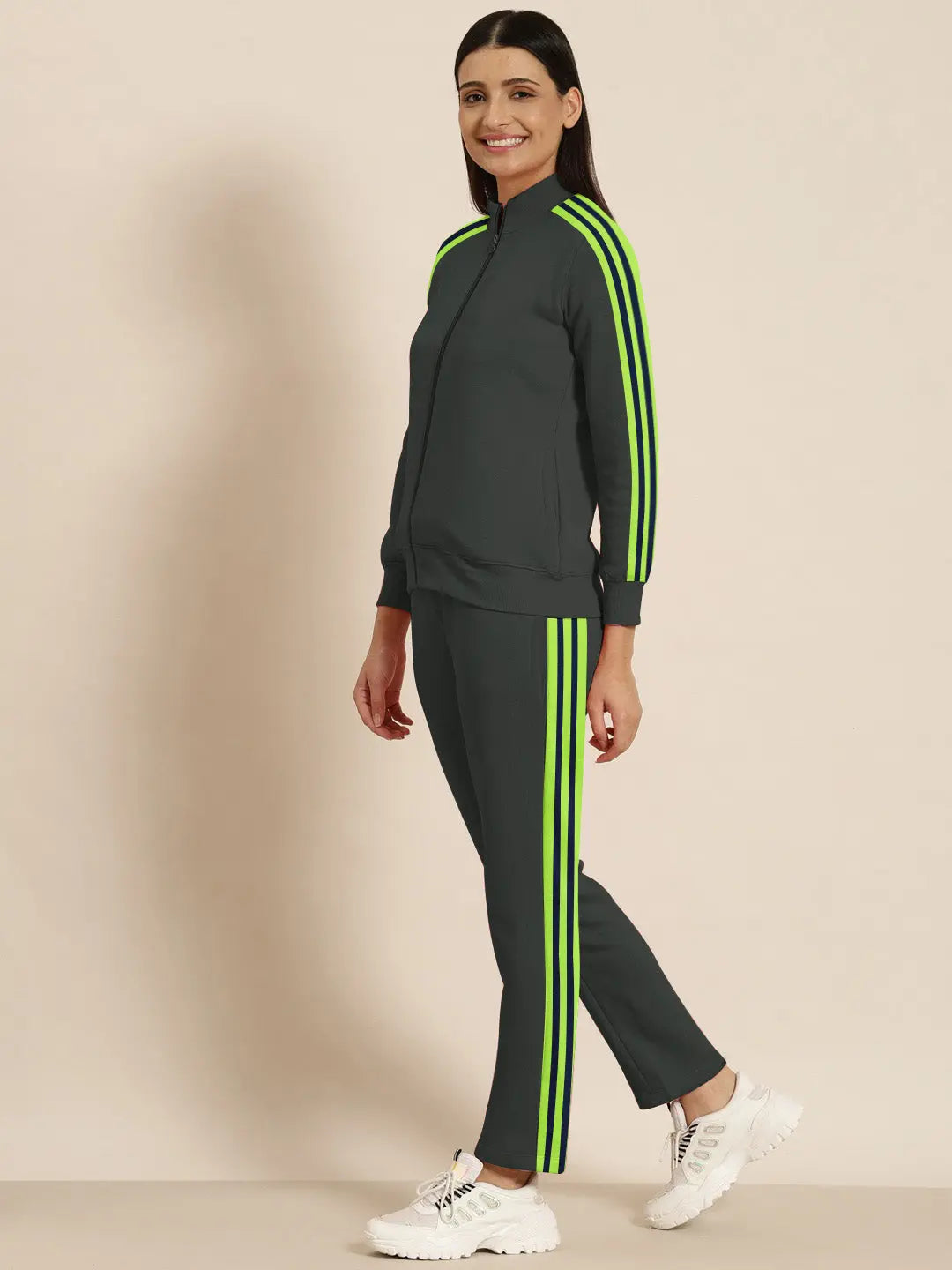 Louis Vicaci Fleece Zipper Tracksuit For Ladies Dark Slate Grey with Lime Green Stripe-SP290