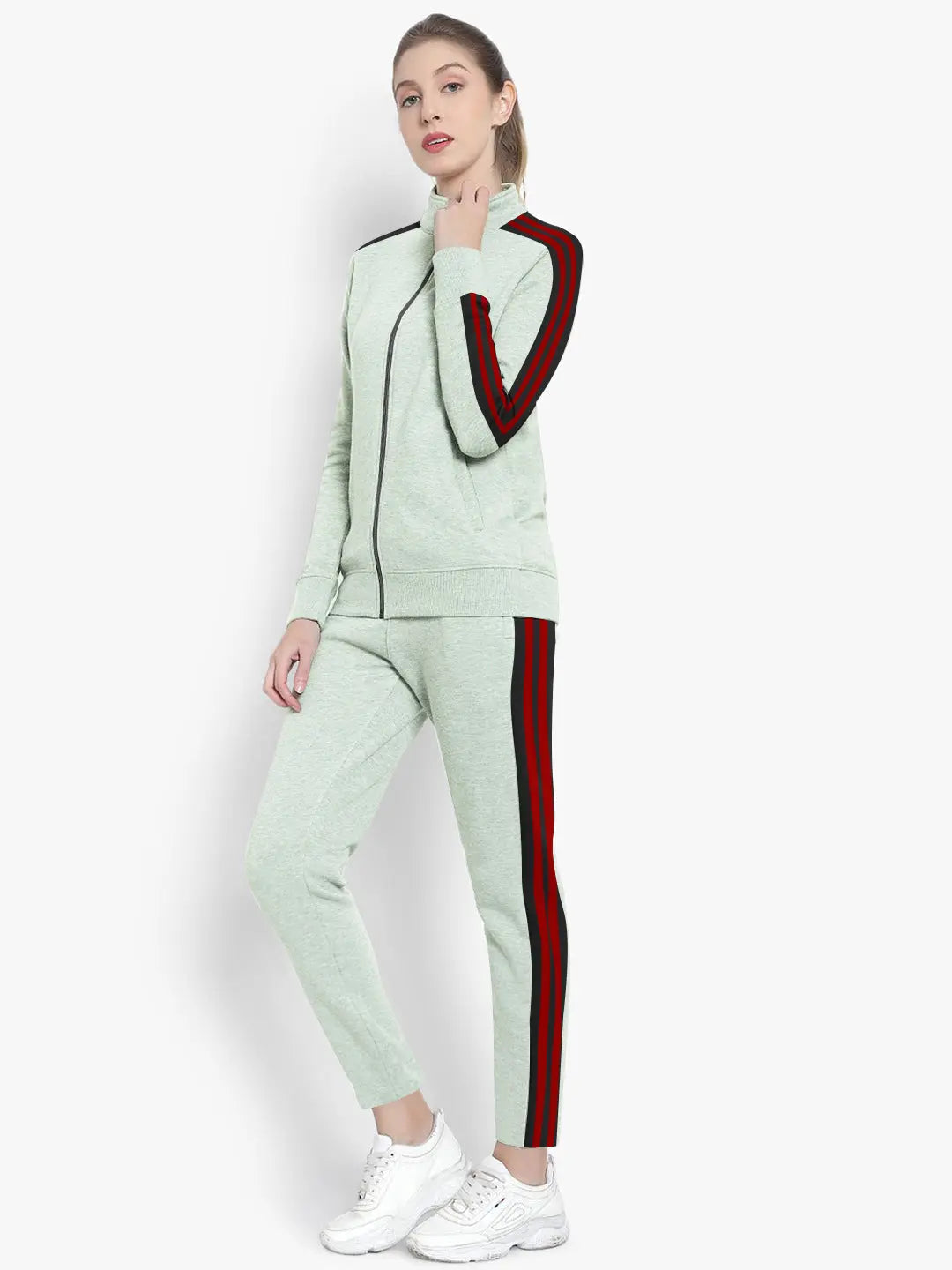 Louis Vicaci Fleece Zipper Tracksuit For Ladies Green Melange with Black Stripe-RT2121