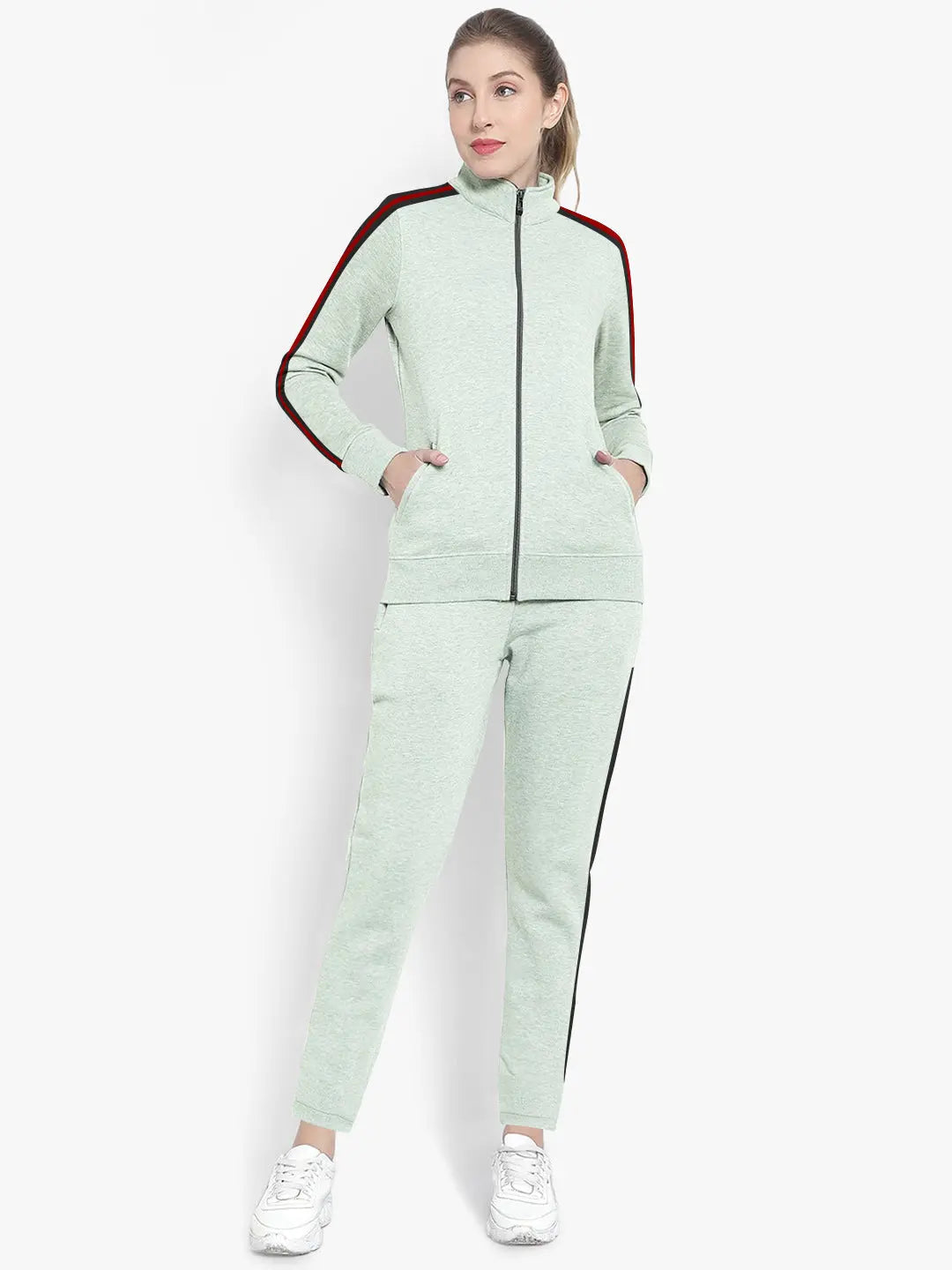 Louis Vicaci Fleece Zipper Tracksuit For Ladies Green Melange with Black Stripe-RT2121