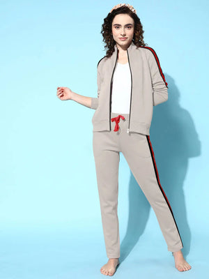 Louis Vicaci Fleece Zipper Tracksuit For Ladies Light Brown with Black Stripe-SP299