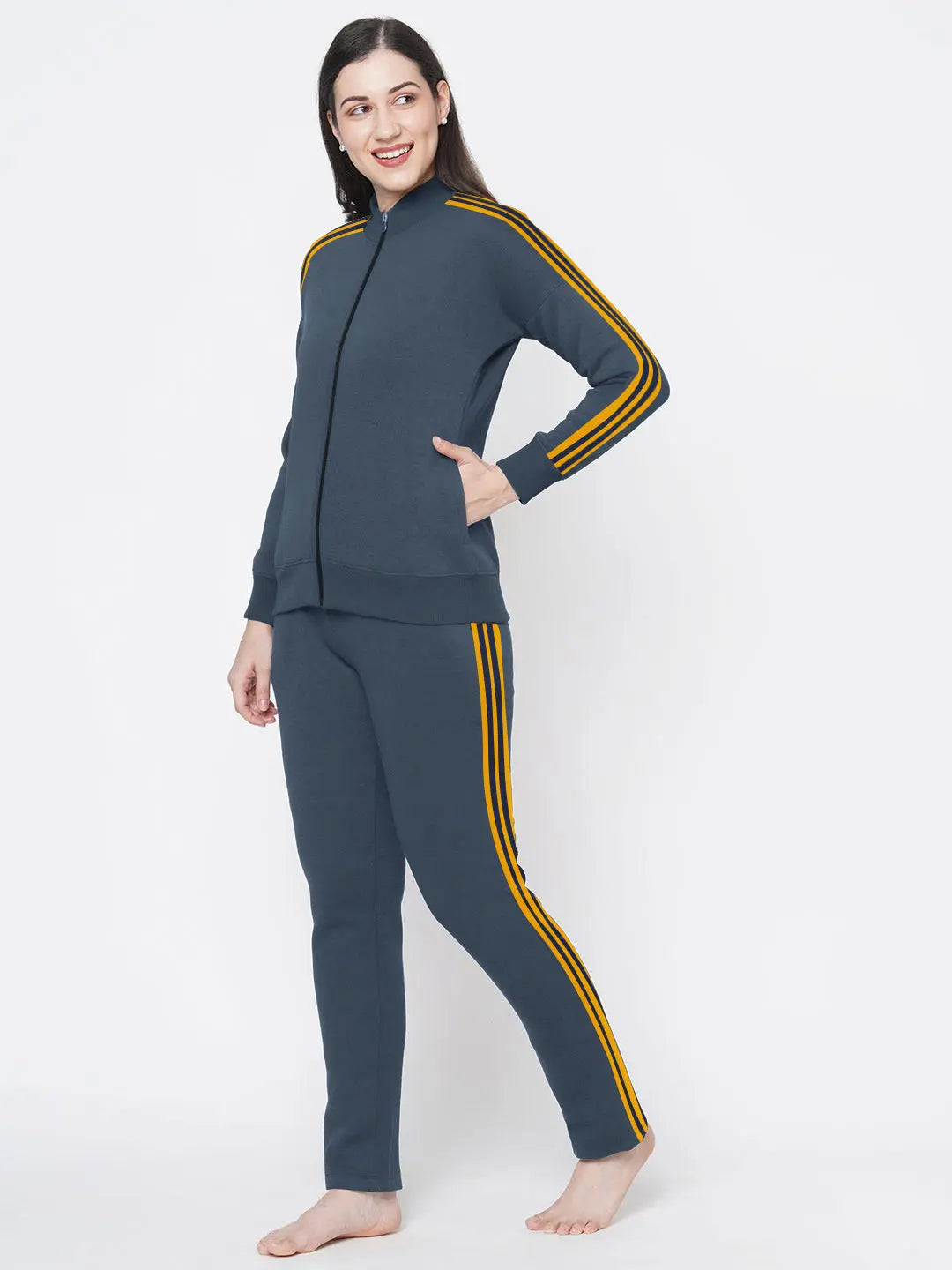 Louis Vicaci Fleece Zipper Tracksuit For Ladies-Light Navy with Yellow Stripe-BE17331 Louis Vicaci