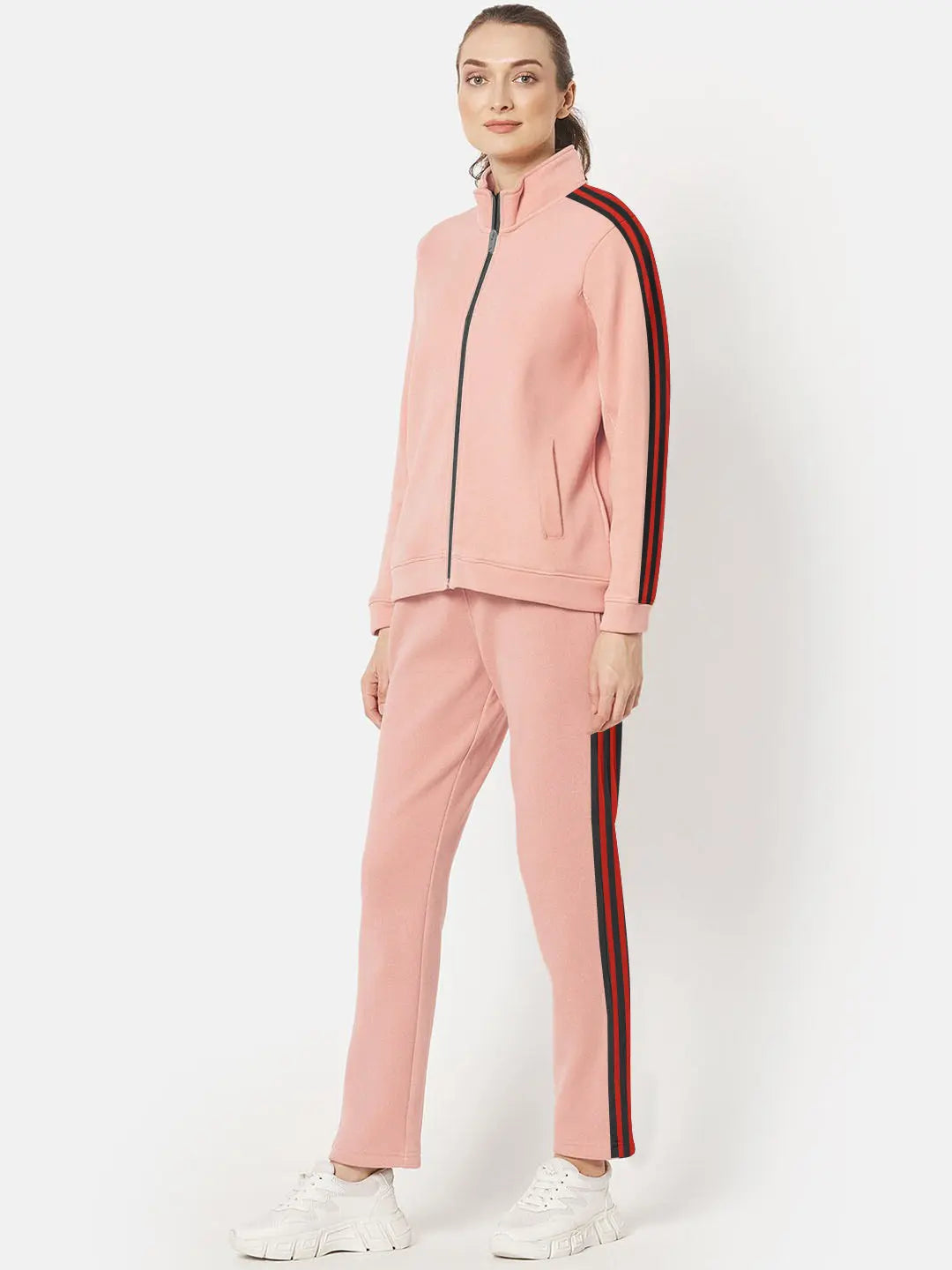 Louis Vicaci Fleece Zipper Tracksuit For Ladies-Light Pink with Black Stripe-BE17318 Louis Vicaci