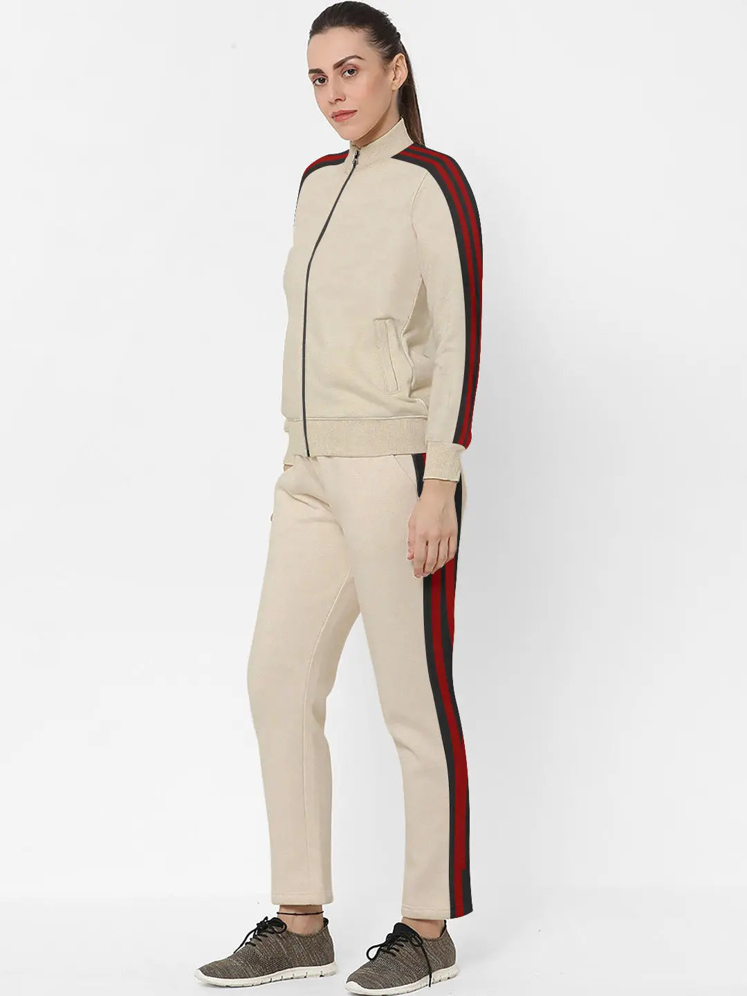 Louis Vicaci Fleece Zipper Tracksuit For Ladies-Light Wheat with Black Stripe-BE17332 Louis Vicaci