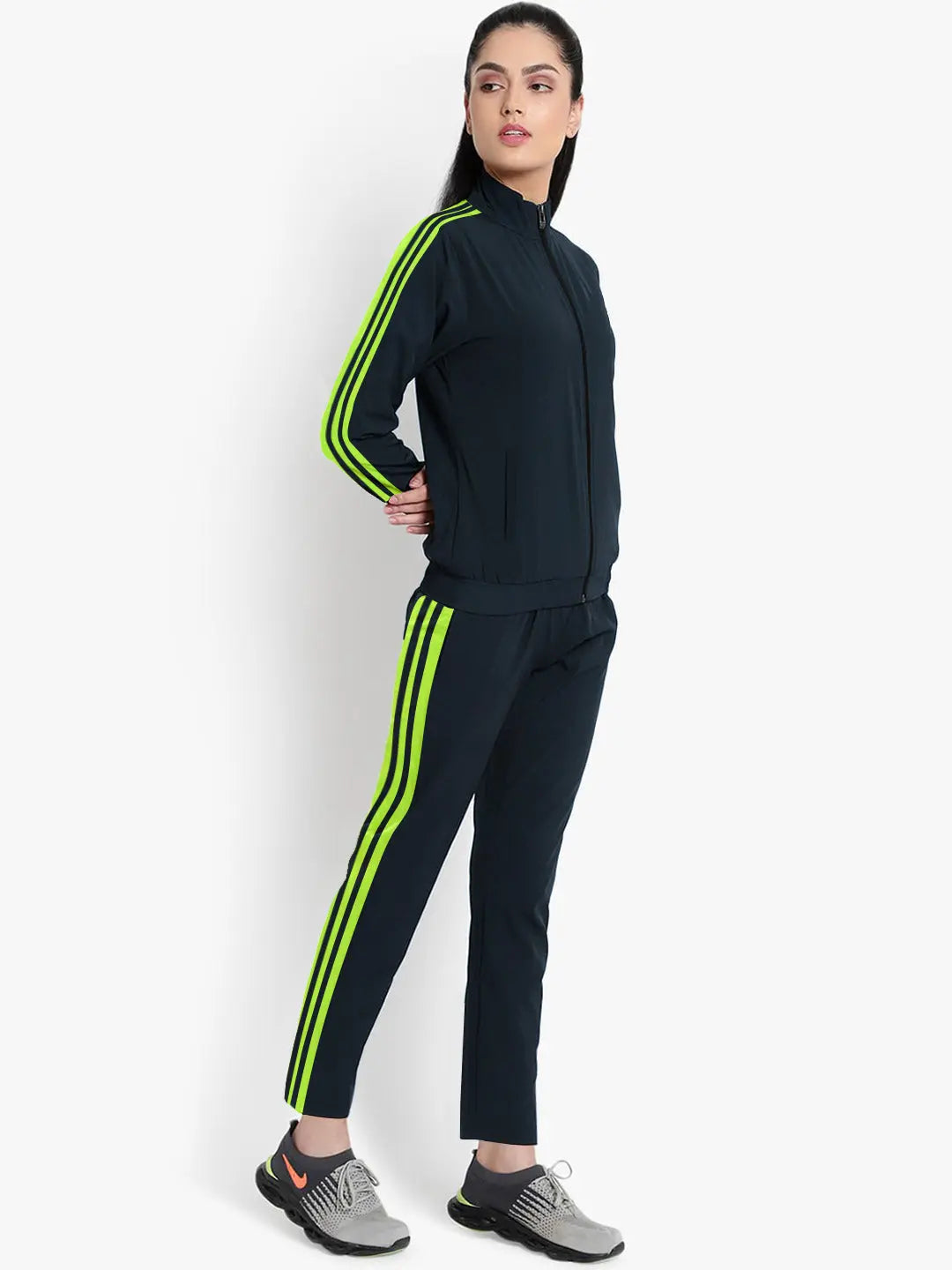 Louis Vicaci Fleece Zipper Tracksuit For Ladies-Navy with Lime Green Stripe-BE17280 Louis Vicaci