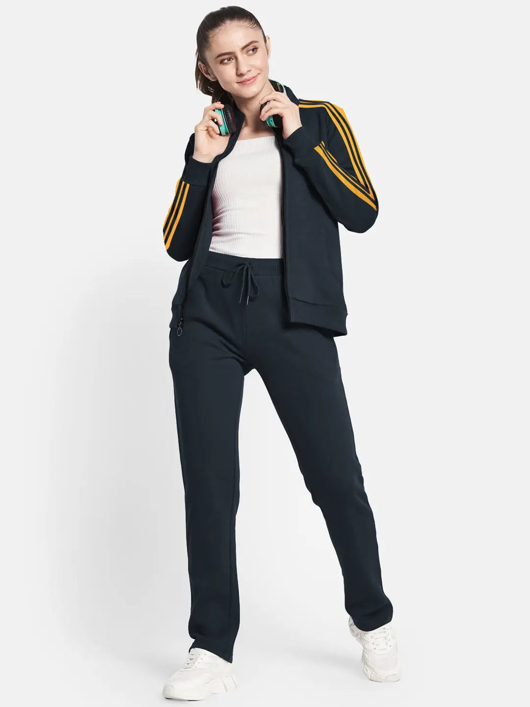 Louis Vicaci Fleece Zipper Tracksuit For Ladies Navy with Yellow Stripe-RT2128