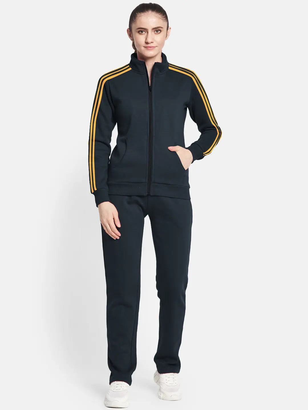 Louis Vicaci Fleece Zipper Tracksuit For Ladies Navy with Yellow Stripe-RT2128