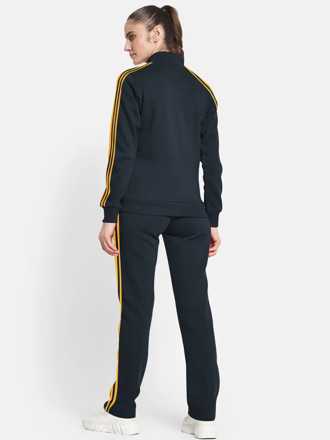 Louis Vicaci Fleece Zipper Tracksuit For Ladies Navy with Yellow Stripe-RT2128