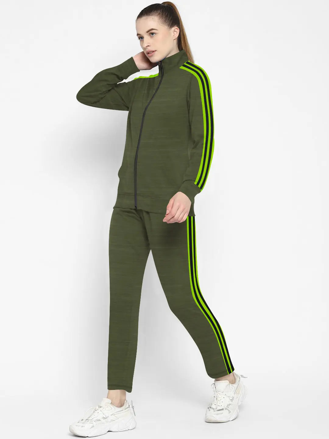 Louis Vicaci Fleece Zipper Tracksuit For Ladies Olive Green Melange with Lime Green Stripe-SP241