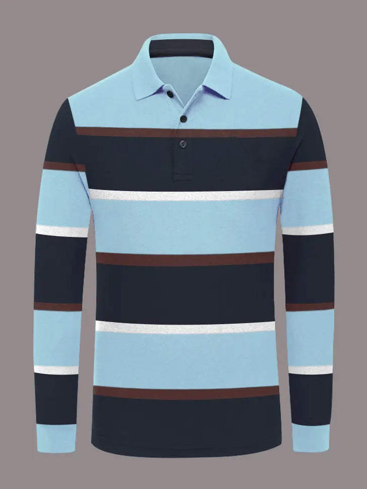 Louis Vicaci Long Sleeve Polo Shirt For Men-Sky with Navy Stripe-SP3350