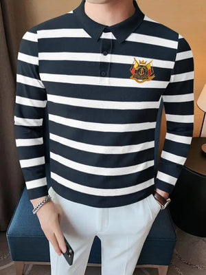 Louis Vicaci Long Sleeve Polo Shirt For Men-White & Navy Stripe-BE89