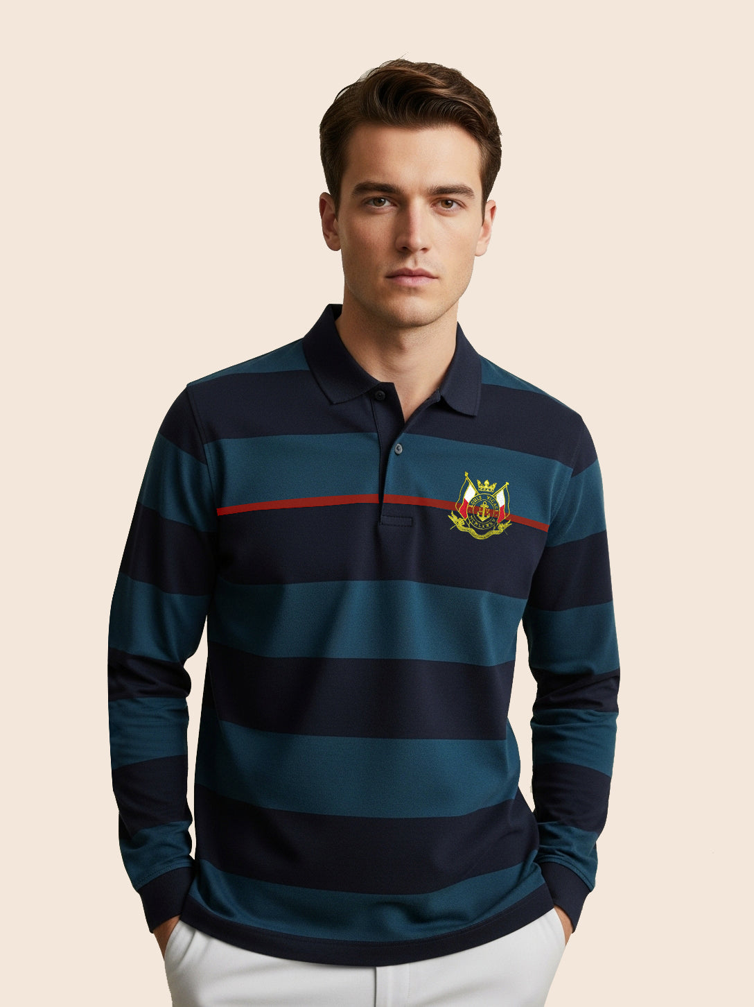 Louis Vicaci Long Sleeve Polo Shirt For Men-Prussian Blue with Navy-BE83/BR901