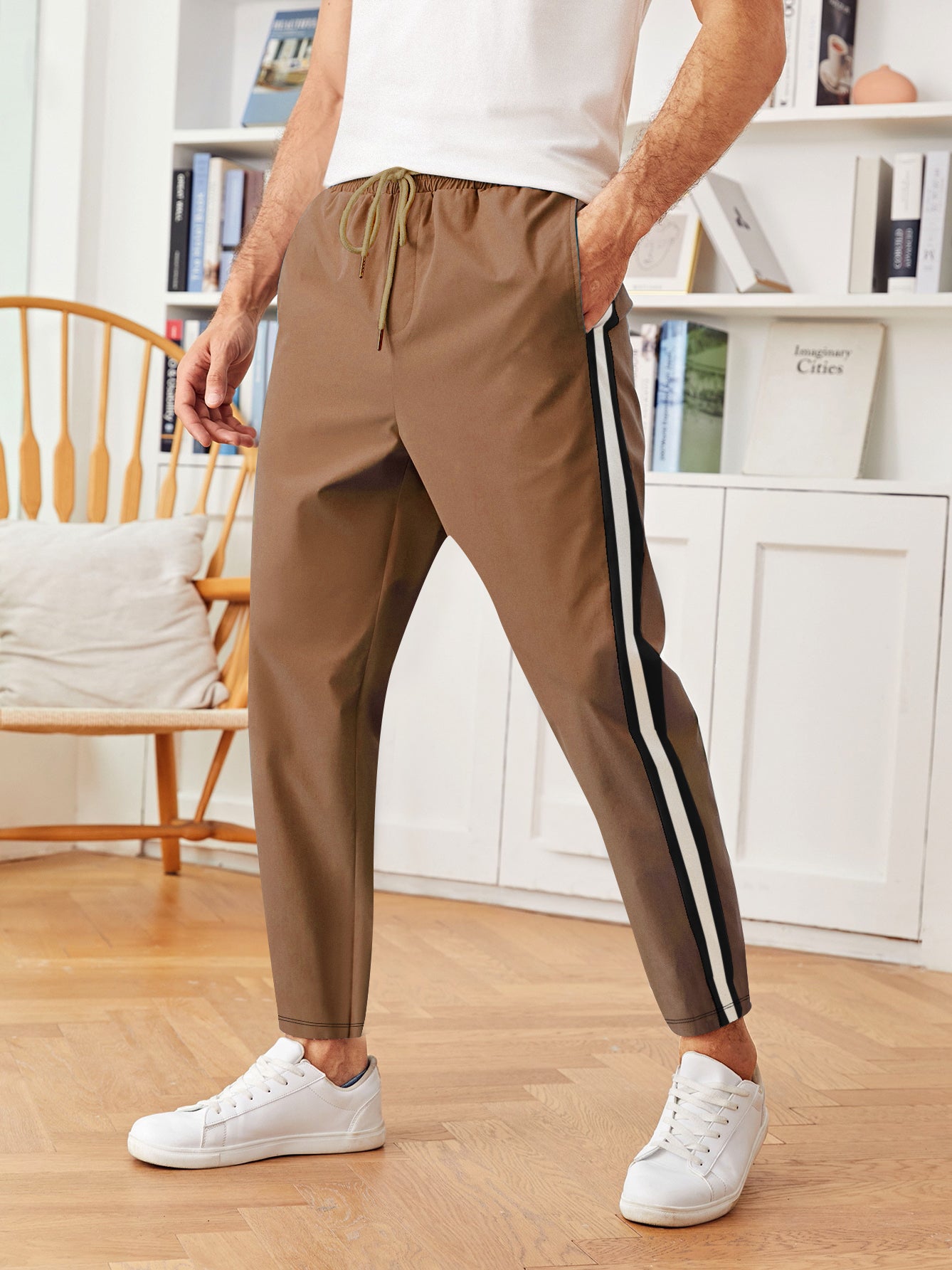 Louis Vicaci Slim Fit Lycra Trouser For Men-Camel with Black & White Stripes-BE1207/BR13453