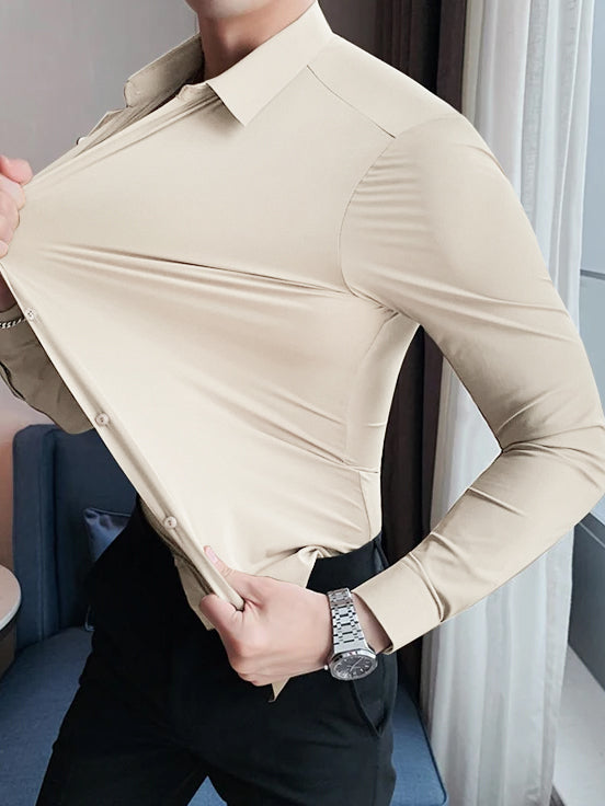 Louis Vicaci Super Stretchy Slim Fit Long Sleeve Summer Formal Casual Shirt For Men-Biege-BE1163/BR13412