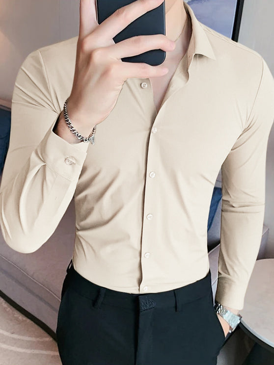 Louis Vicaci Super Stretchy Slim Fit Long Sleeve Summer Formal Casual Shirt For Men-Biege-BE1163/BR13412