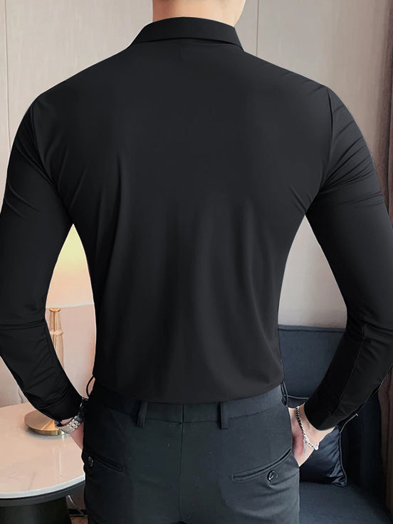 Louis Vicaci Super Stretchy Slim Fit Long Sleeve Summer Formal Casual Shirt For Men-Black-BE1232/BR13477