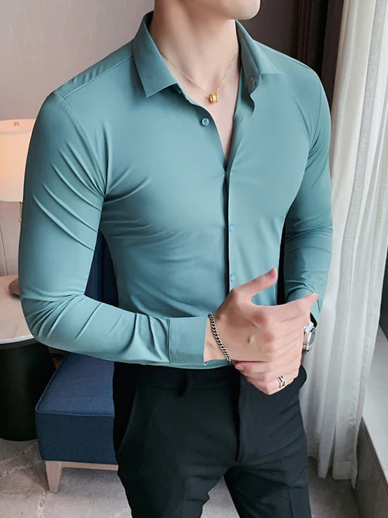 Louis Vicaci Super Stretchy Slim Fit Long Sleeve Summer Formal Casual Shirt For Men-Cyan-BE1109/BR13347