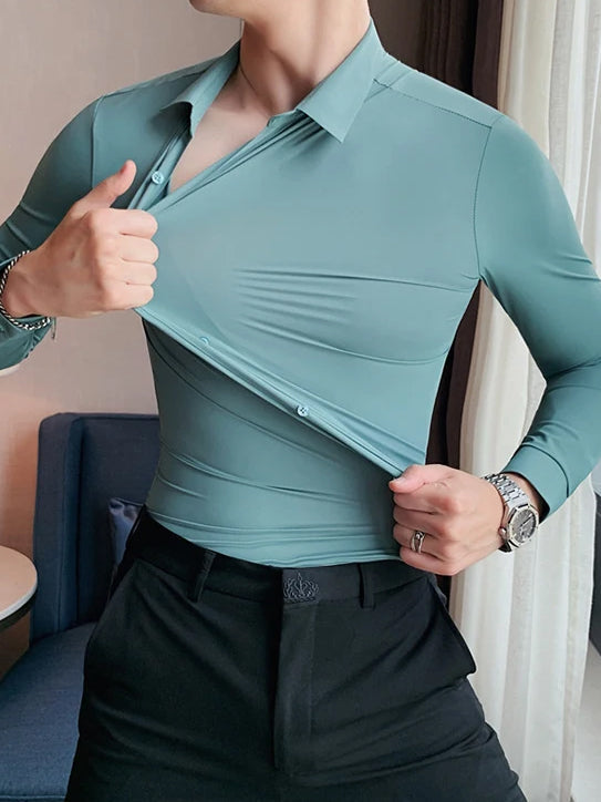 Louis Vicaci Super Stretchy Slim Fit Long Sleeve Summer Formal Casual Shirt For Men-Cyan-BE1109/BR13347