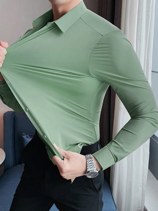 Louis Vicaci Super Stretchy Slim Fit Long Sleeve Summer Formal Casual Shirt For Men-Green-BE1086/BR13325